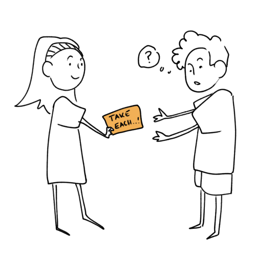 Childish drawing of a girl handing a note to a boy.